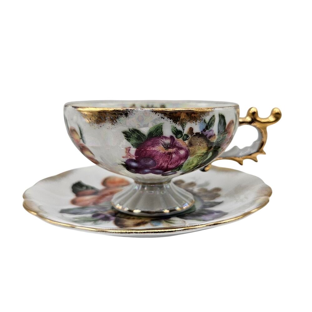 Vintage Shafford Japan Lustreware Fruit Teacup & Saucer Gold Handle Set
